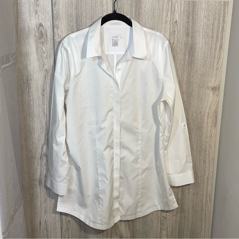 Chico's White 100% Cotton Long Sleeve Roll Tab Blouse Size 2